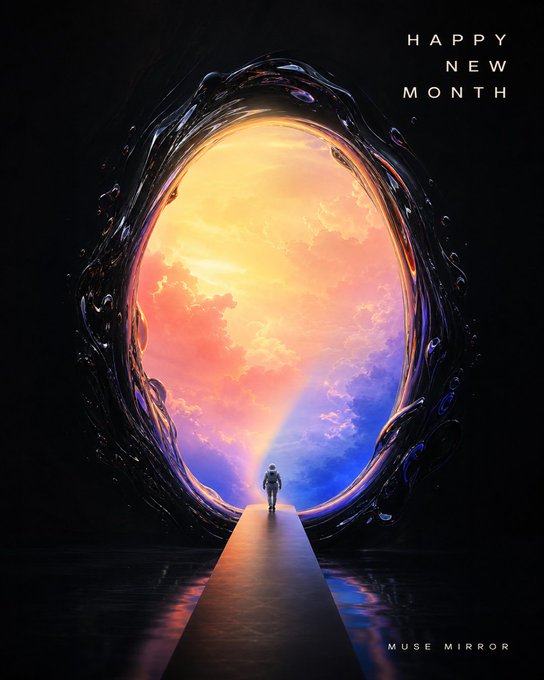 An illustration titled 'HAPPY NEW MONTH' by Muse Mirror showing a person walking on a pathway toward a glowing portal framed by colorful sunset clouds.
