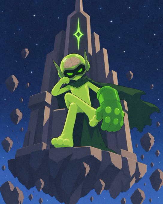 An illustration of a green-skinned elf or goblin-like character wearing a helmet and cape, sitting on a stone throne surrounded by floating rocks in a starry night sky.