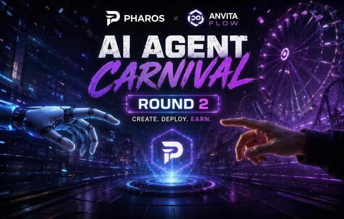 The image is a promotional graphic for the "AI Agent Carnival Round 2," a collaboration between Pharos Network and Anvita Flow, featuring the tagline "Create. Deploy. Earn." It visually reinforces the post's theme of AI progressing beyond chatbots to task-execution, showing a robotic hand and a human hand reaching toward a glowing Pharos hexagon against a neon purple carnival backdrop.