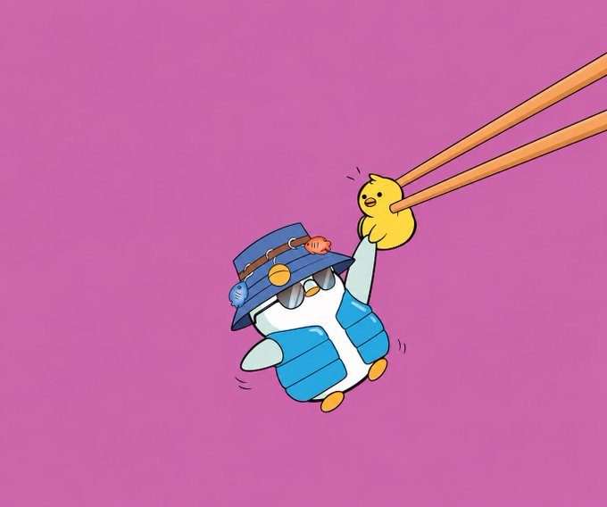 A cartoon illustration of a penguin wearing a blue vest and a travel hat with charms, being lifted by chopsticks holding a small yellow chick against a pink background.
