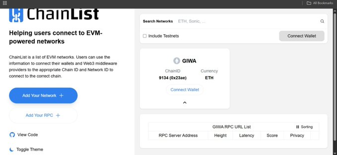 ChainList webpage interface helping users connect to EVM-powered networks, displaying a search section and details for the GIWA network with ChainID 9134 and ETH currency.