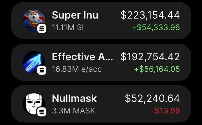 A trading app screenshot displays three crypto holdings: Super Inu ($223,154.44, up $54,333.96), Effective A... ($192,754.42, up $56,164.05), and Nullmask ($52,240.64, down $13.99), illustrating the day's gains on the tickers $SI, $ECCA, and $NULLMASK mentioned in the post celebrating over $841K in profit.