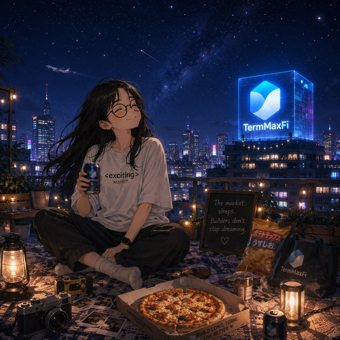 An anime-style illustration shows a girl on a rooftop at night with a pizza, camera, and lanterns, alongside a building displaying the "TermMaxFi" logo and a sign reading "The market sleeps, Builders don't stop dreaming."