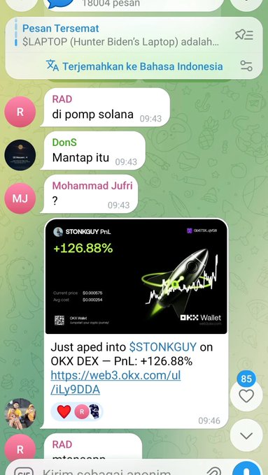 A Telegram chat screenshot in Indonesian showing users discussing a 'pomp solana' and sharing a $STONKGUY token promotion showing +126.88% gains via OKX DEX.