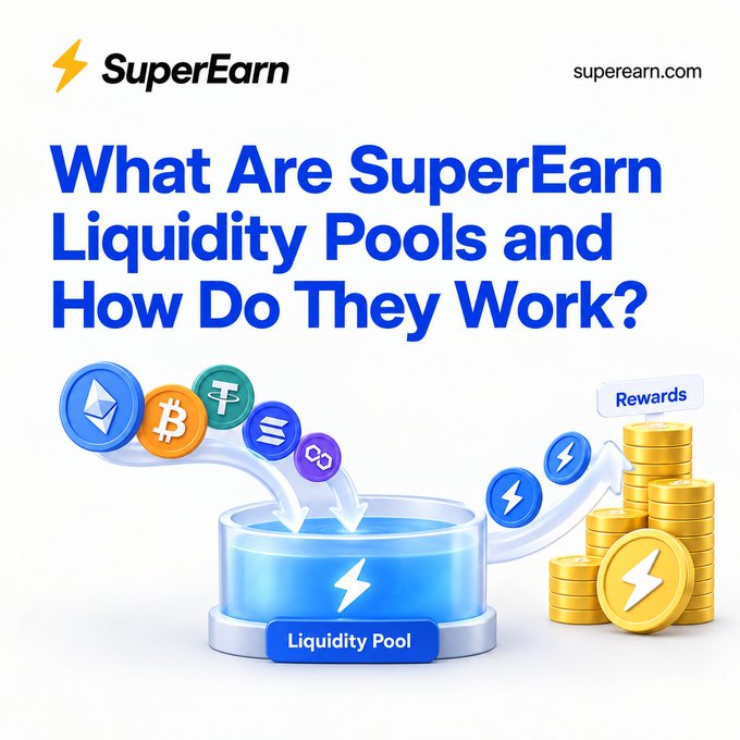 An infographic titled 'What Are SuperEarn Liquidity Pools and How Do They Work?' from superearn.com showing cryptocurrencies being added to a pool and rewards being earned.