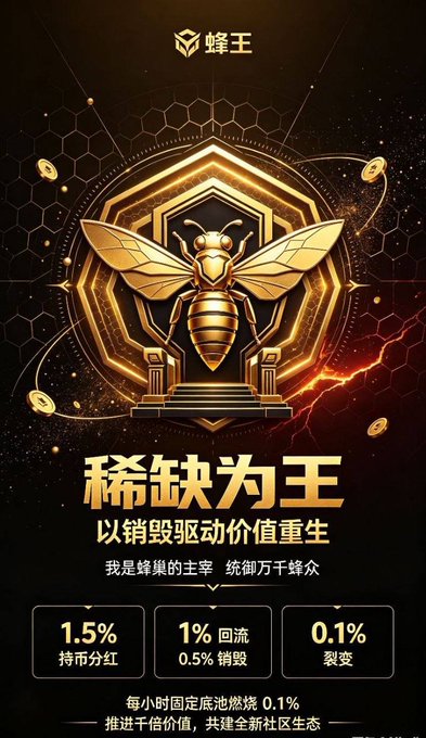 A promotional poster featuring a golden bee emblem with Chinese text including '蜂王' and '稀缺为王', alongside statistics like '1.5% 持币分红', '1% 回流 0.5% 销毁', and '0.1% 裂变' on a dark background.