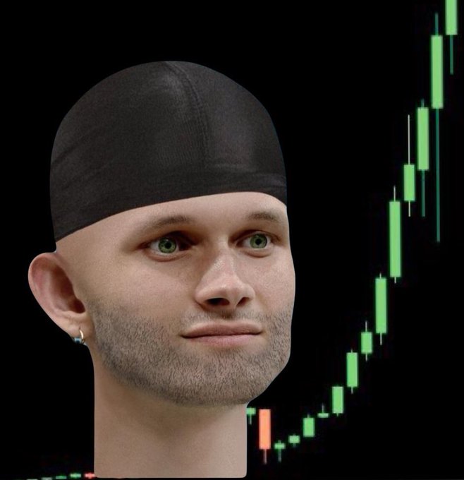 A 3D-rendered head of a man wearing a black durag, with a green candlestick chart showing an upward trend in the background.