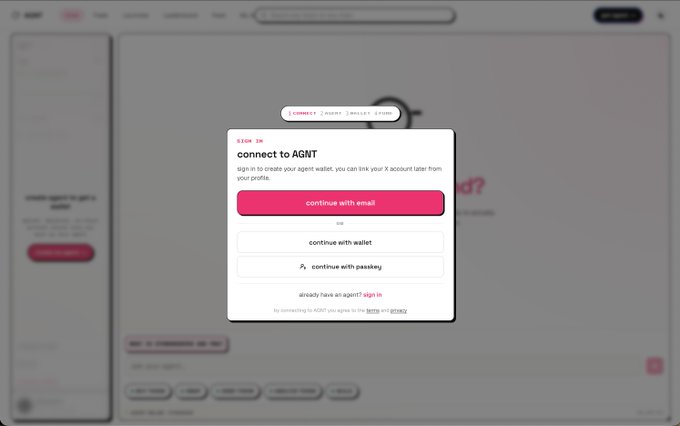 A pop-up window on a website offering options to "connect to AGNT" via email, wallet, or Passkey, with a "SIGN IN" header.