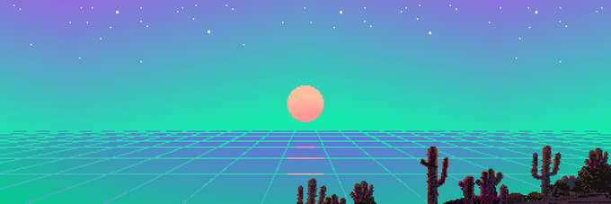 A retro pixel art illustration of a sunset with a pink sun, a grid landscape, cacti, and stars in a gradient sky.