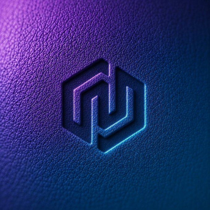 A glowing hexagonal emblem with interlocking geometric shapes is embossed on textured leather, illuminated by a striking gradient of purple and cyan light. The "Stamped with purpose." caption aligns with the image's tactile, brand-mark aesthetic, evoking craftsmanship, identity, and intentional design.
