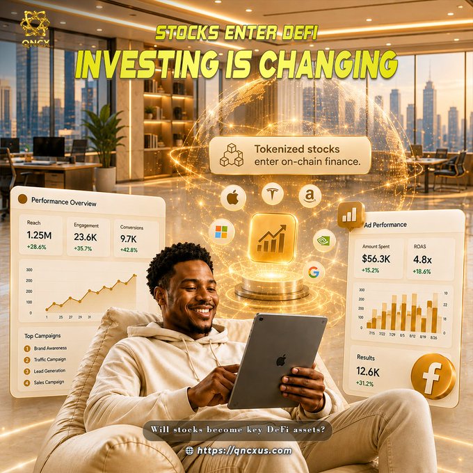 A relaxed investor uses a tablet in a modern high-rise office while holographic DeFi dashboards display tokenized stocks alongside tech giants (Apple, Microsoft, Amazon, Google) and a gold bar, reinforcing the caption's claim that "Stocks Enter DeFi! Investing Is Changing" and prompting "Will stocks become key DeFi assets?" (qncxus.com).