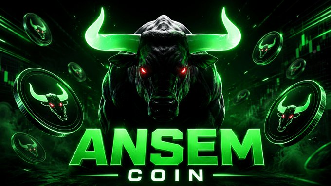 A promotional graphic for 'ANSEM COIN' featuring a fierce black bull with glowing red eyes and green neon accents, surrounded by floating coins bearing the same bull logo.