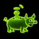 A pixel art style illustration of a green piggy bank with gold coins floating above it on a black background.