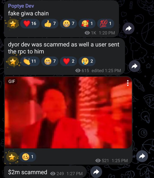 A Telegram conversation shows "Poptye Dev" announcing the "giwa chain" is fake, with follow-up messages revealing "dyor dev" was also scammed via a fraudulent RPC and "$2m scammed" in total losses, supporting the post's claim that users lost over $2M bridging to the fake chain due to misleading hype.