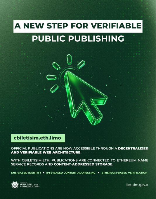 The image features a poster with an arrow pointing towards a green button, which appears to be a cursor or a mouse pointer. The background of the poster has a dark green color, creating a contrast with the bright green arrow. The text on the poster reads "A new step for verifiable public publishing" and "A Turkish Government seems to have started paying attention to blockchain recently". It also mentions that the Turkish government acquired the ENS name cbiletisim.eth.