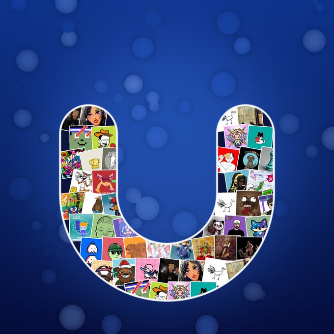 The Uniswap (UNI) logo, shaped like a U, filled with a collage of various NFT artwork images against a blue background with floating bubbles.