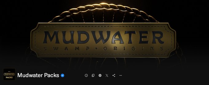 The image features a dark, ornate logo with gold rope detailing displaying the text "MUDWATER" prominently above "SWAMP • ORIGINS," with the profile name "Mudwater Packs" shown below, representing the Yuga Labs Mudwater NFT collection launch on Solana as referenced in the accompanying post.