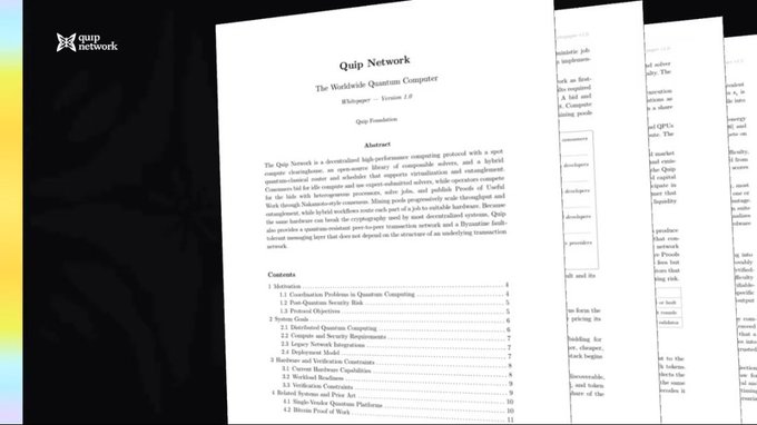 A document titled 'Quip Network' with the subtitle 'The Worldwide Quantum Computer' is shown, featuring an abstract and contents list.