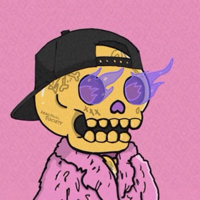 Illustration of a yellow cartoon skull wearing a black cap, purple sunglasses, and a pink fuzzy jacket, with text 'DEATH PUNK SOCIETY' visible on the skull's cheek.