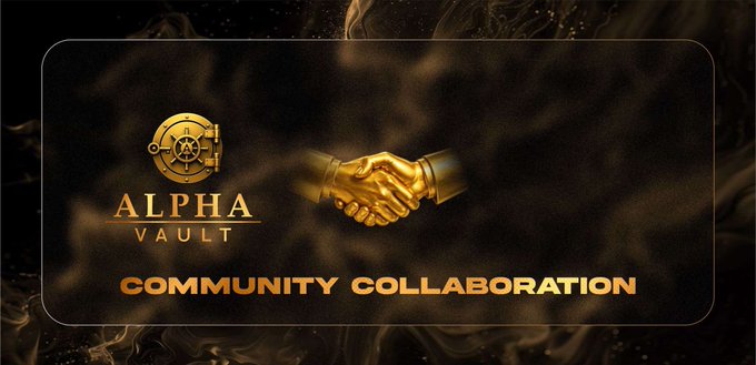 The image displays a "COMMUNITY COLLABORATION" graphic featuring the Alpha Vault logo—a gold vault door—alongside a golden handshake on a dark, smoky background. This visually represents the post's message of welcoming a new graphic designer to the team and celebrating the creative partnership in building the Alpha Vault community.