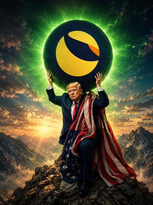 In this dramatic image, Donald Trump is depicted as Atlas, holding aloft the Terra (LUNC) logo against a backdrop of stormy skies and mountains, symbolizing the perceived burden and resilience of the cryptocurrency.