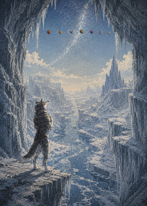 Surreal artwork depicting a wolf standing on an icy cliff looking out over a frozen canyon landscape under a starry sky with planetary orbs.
