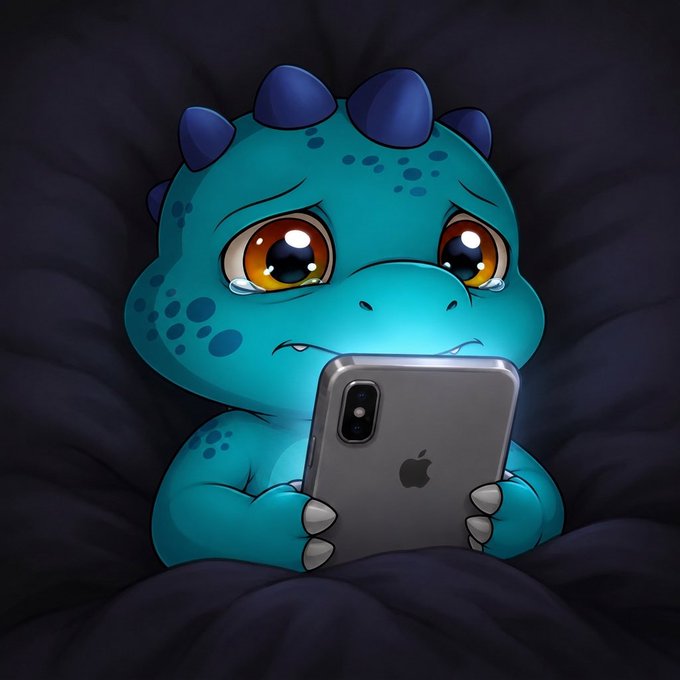 A digital illustration of a cute teal baby dinosaur with blue spikes and teary eyes, holding a silver iPhone with the Apple logo visible.