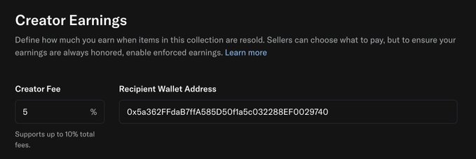 A "Creator Earnings" settings panel showing a Creator Fee of 5% and a Recipient Wallet Address beginning with 0x5a362FfdaB7ffA585D50f1a5c032288EF0029740.