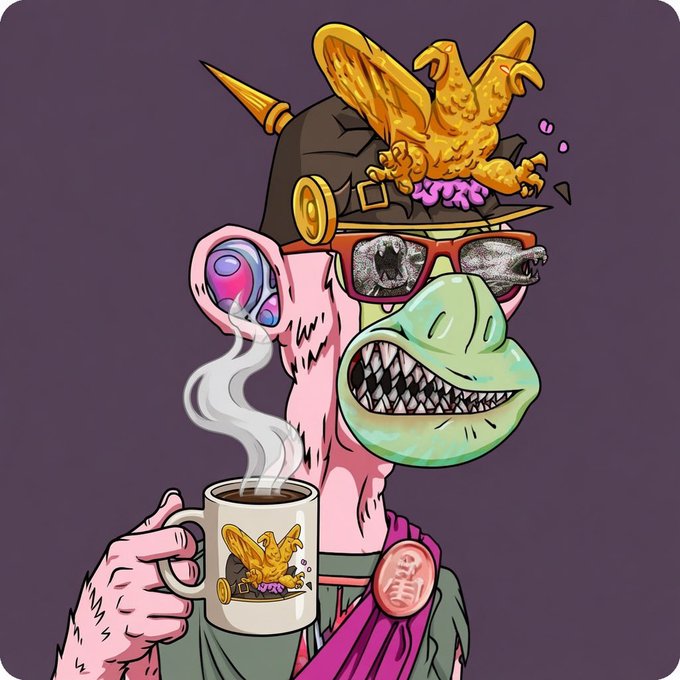 The image features a cartoon monkey wearing sunglasses, holding a cup of coffee with steam rising from it. The background is purple, which complements the overall color scheme of the illustration. The caption "GM $ETH" appears at the bottom right corner of the image.
