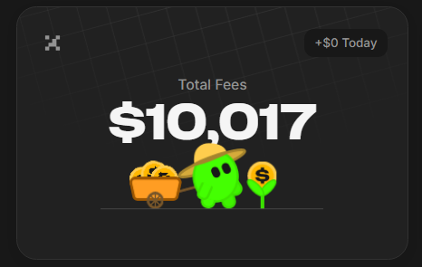 A dashboard widget displays "Total Fees" of "$10,017" alongside a "Today" indicator showing "+$0", accompanied by a cartoon green character with a wheelbarrow of coins and a dollar sign. This visually represents the claim of generating nearly $1,000 in fees within 24 hours through liquidity pools on HyperEVM.