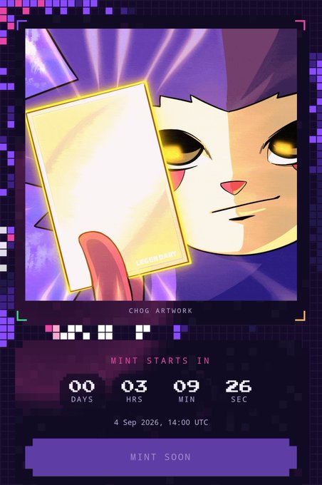 A pixel-art style NFT promotional page showing an animated character holding a glowing card labeled 'LEGEND BABY' with a countdown timer of 00 days, 03 hours, 09 minutes, 26 seconds until mint on 4 Sep 2026, 14:00 UTC, credited to 'CHOG ARTWORK'.