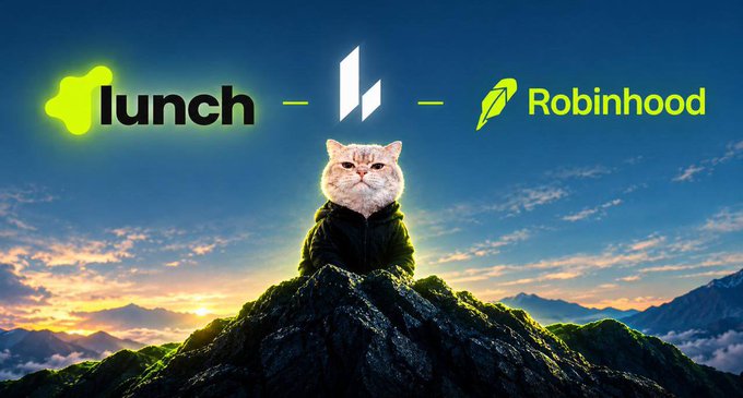 A composite image showing a cat wearing a hooded jacket sitting on a mountain peak at sunset, with 'lunch' and 'Robinhood' logos separated by a divider at the top.
