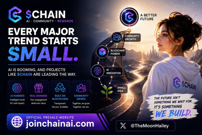 Promotional advertisement for $CHAIN featuring the text 'EVERY MAJOR TREND STARTS SMALL,' 'joinchainai.com,' and Twitter handle '@TheMoonHailey.'