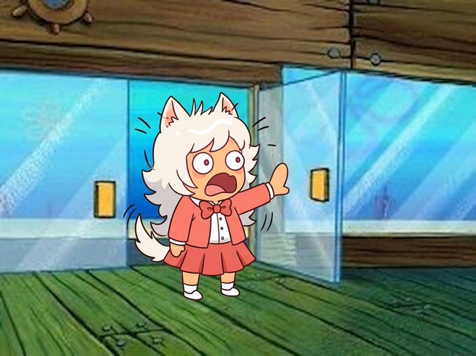 An animated character with white hair, cat ears, and a pink dress appears shocked or scared while standing in a wooden room with glass doors.