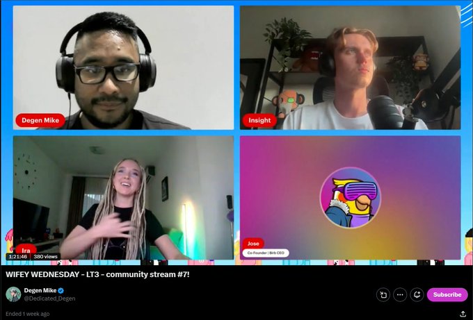 YouTube thumbnail for a community stream titled 'WIFEY WEDNESDAY - LT3 - community stream #7!' featuring a four-person video call including Degen Mike, Insight, Ira, and Jose.