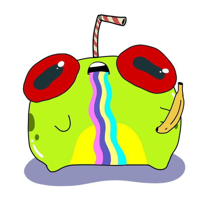 A cute green creature with red eyes drinks a rainbow and holds a banana. The post announces 50 GTD spots being given away, asking if you need one.