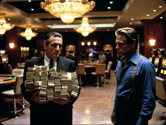 Two men stand in a dimly lit casino with chandeliers; one in a black suit holds large stacks of cash while the other wears a blue shirt with suspenders.