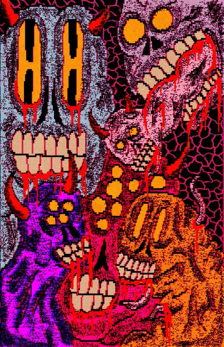 A chaotic, vibrant digital artwork featuring stacked monstrous skulls and ghostly faces with hollow orange eyes, exposed teeth, and dripping blood in a gritty, textured style with bold red, purple, and orange tones. The piece showcases the artist's distinctive dark, maximalist horror aesthetic being shared from their collection on OpenSea.