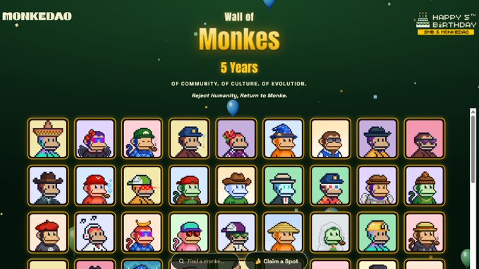 A 'Wall of Monkes' display celebrating 5 Years of MonkeDAO, showing a grid of pixel-art monkey NFT avatars on a dark green background.