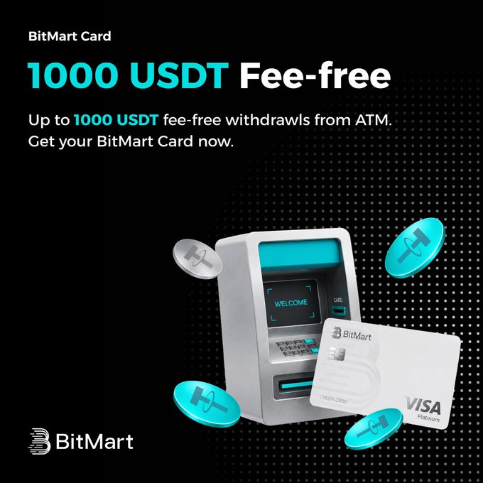 A promotional graphic for the BitMart Card advertises up to 1000 USDT in fee-free ATM withdrawals, featuring a 3D render of an ATM, a Visa Platinum debit card, and floating teal coins. The image directly illustrates the post's theme of avoiding costly ATM fees while traveling abroad by showcasing the card's fee-free withdrawal benefit.