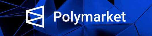 The Polymarket logo is displayed in white text against a faceted blue background.