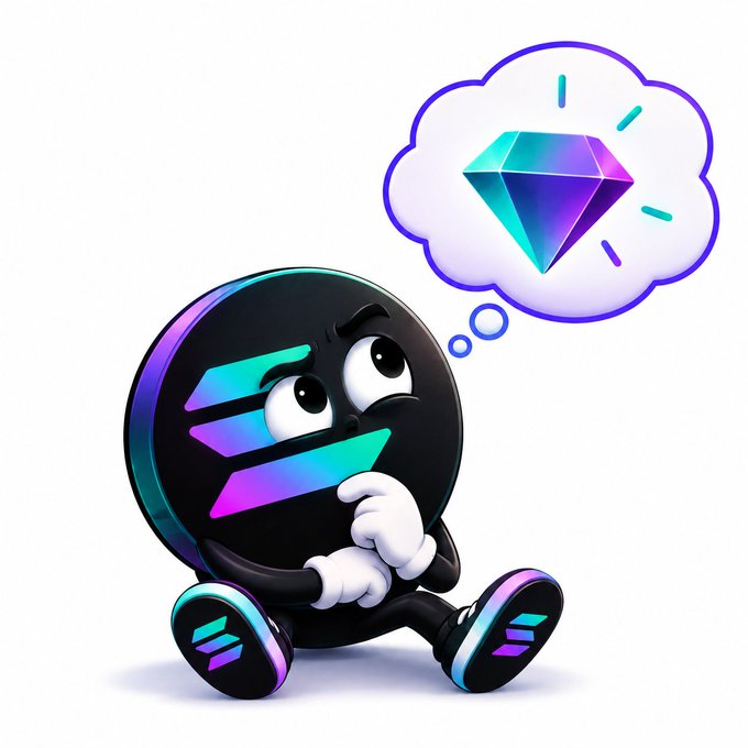 A cartoon black coin-like character with "S" and "Z" symbols sits thinking, dreaming of a colorful Solana diamond logo in a thought bubble, suggesting it's pondering which Solana project to invest in this week.
