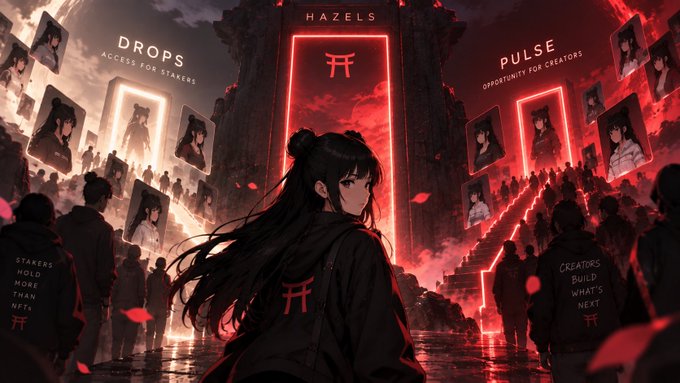 Anime-style promotional artwork titled 'HAZELS' featuring a dark-haired female figure standing before a glowing red torii gate, with 'DROPS - ACCESS FOR STAKERS' on the left and 'PULSE - OPPORTUNITY FOR CREATORS' on the right; hooded figures wear slogans 'STAKERS HOLD MORE THAN NFTS' and 'CREATORS BUILD WHATS NEXT'.