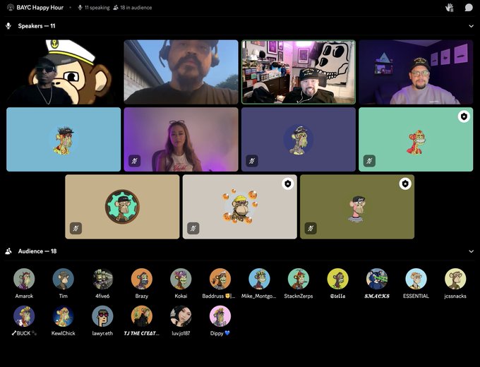 The image shows a group of people gathered around a computer screen, with each person's face displayed on the screen as part of an online meeting or event. The participants are wearing headphones, suggesting that they might be participating in a virtual gathering for a conference call or a similar purpose. The background of the image is black and white, which contrasts with the colorful faces of the people present. The post includes text such as "@BoredApeYC homies" and "@tigerisfine & @seannana," indicating that this event involves members from various online communities who have come together to share ideas or discuss a specific topic.