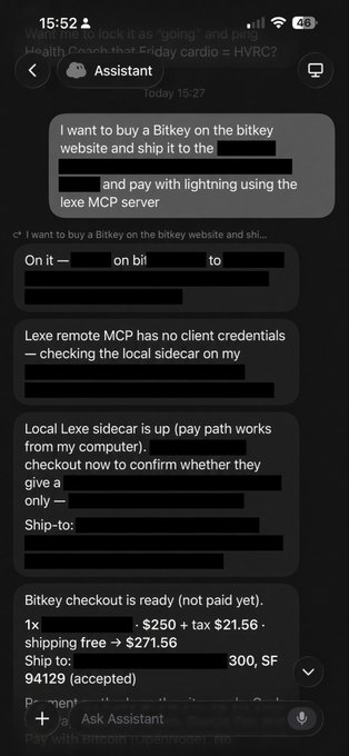 A screenshot of a chat interface titled 'Assistant' dated September 12, 2025, shows a user asking to buy a Bitkey on the bitkey website using lightning via the 'lexe MCP server', with the assistant responding about checking a sidecar and preparing a Bitkey checkout for $271.56.