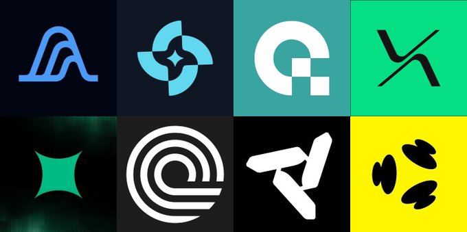 A collage displaying eight different crypto/Web3 project logos arranged in a grid, featuring various geometric and abstract designs in blue, teal, green, white, yellow, and black.