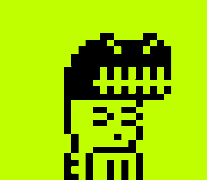 A pixelated black silhouette of a person against a bright yellow-green background, with question marks for eyes and numbers on the clothing.