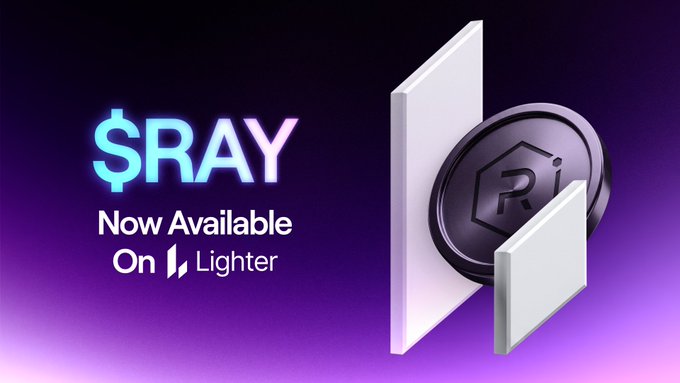A promotional graphic featuring the text "$RAY Now Available On Lighter" alongside a 3D render of the Ray (RAY) coin and the Lighter platform's logo, set against a purple gradient background. The image visually announces that the $RAY token is now live and tradable on the Lighter exchange, matching the post's announcement.