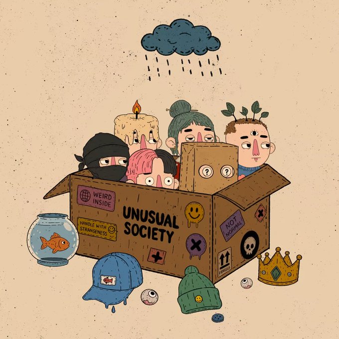 A whimsical illustration shows a cardboard box labeled "UNUSUAL SOCIETY" containing quirky characters—a ninja, a candle-headed figure, and others—under a rain cloud, surrounded by scattered items like a fishbowl, eyeballs, and a crown. The "Minted" post likely celebrates this artwork as a newly released or freshly created NFT piece, with the raincloud and "Minted" label signaling its debut into the digital collection.