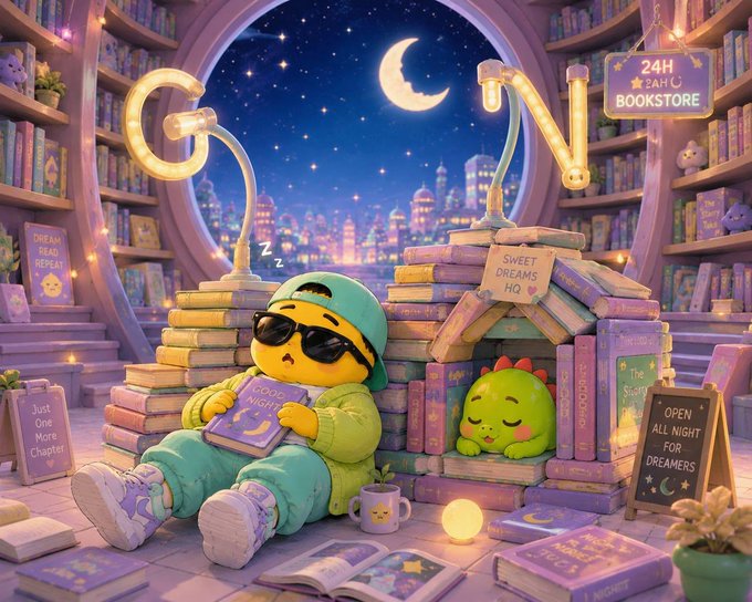 An illustration of a cute character in sunglasses reading 'Good Night' surrounded by books, with '24H BOOKSTORE' signage.